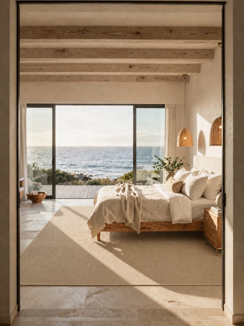 Suíte de hotel com tapete claro sob a cama e vista para o mar